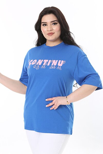 Şans Plus Size Women's Blouse - Saxe, Cotton, Front Print, Short Sleeve 65N38008