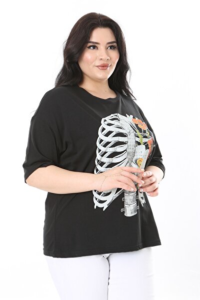 Şans Plus Size Black Printed Cotton Blouse - Short Sleeve 65N38009