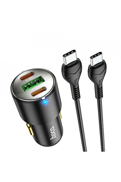 Hoco Încărcător auto, USB-A, 2xUSB Tip-C, QC 3.0, PD 45W, 5.0A cu cablu Tip-C...