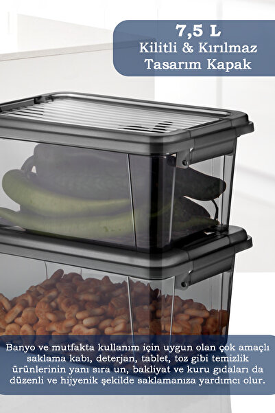 MOİ 2'li 7,5L Un Bakliyat Erzak Kabı Kilitli Kapaklı Banyo Düzenleyici Deterjanlık Saklama Kutusu 2x7,5L