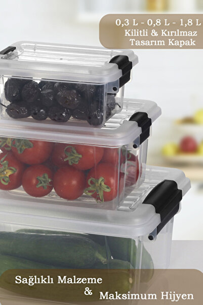 MOİ Set of 3 Multi-Purpose Storage Containers with Locking Lids - Refrigerator Organizer Storage Box 0.3-0.8-1.8 Lt