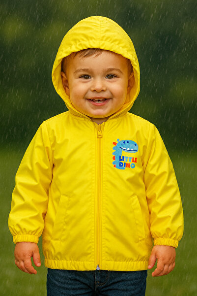 Mika Bebek & Çocuk Dinosaur Patterned Hooded Boy's Yellow Raincoat