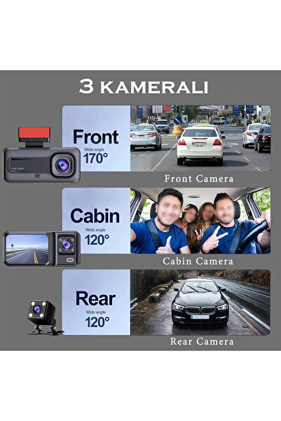 TECHNOM 1080P DVR 3 Adet WİFİ Ön Arka iç Geniş Açılı Sürüş Kaydedici 2İnç Ekranlı Gece Görüşlü Araç Kamerası