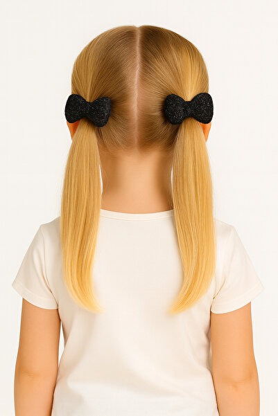 Motebarn Wear Kız Çocuk Simli Fiyonklu 2'li Lastik Toka Siyah