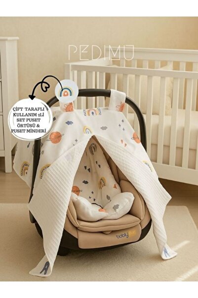Pedimu Double Sided Baby Stroller Cover & Cushion Set of 2 – Waffle Pique & Printed Poplin – Special Pouch
