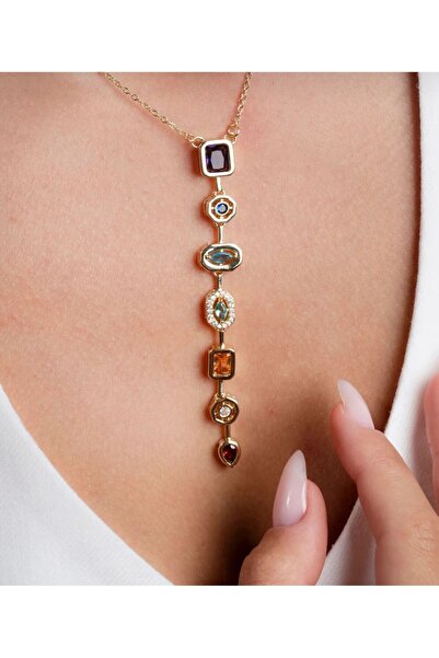 Misens قلادة من الفولاذ بتصميم Y خاص مع 7 عناصر من الأحجار الكريمة الملونة