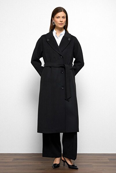 Olcay Punto Stitch Detailed Back Pleated Medium Length Cashmere Coat Black 3113