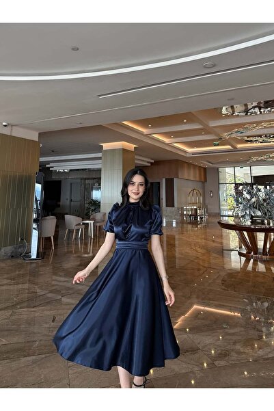PERADO Nil Lacivert Клош спідниця короткий рукав середньої довжини атласна вечірня сукня