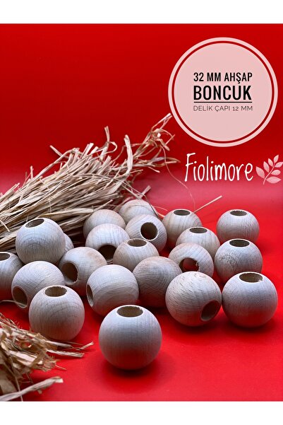 Fiolimore 32 mm Ham Ahşap Boncuk (10 Adet) Yuvarlak Makrome Çanta Tasarım Tah...