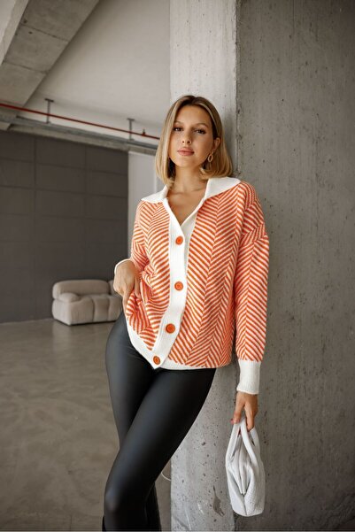 EsSo butik Women's Shirt Collar Striped Colorful Button Detailed Standard Size Oversize Knitwear Cardigan