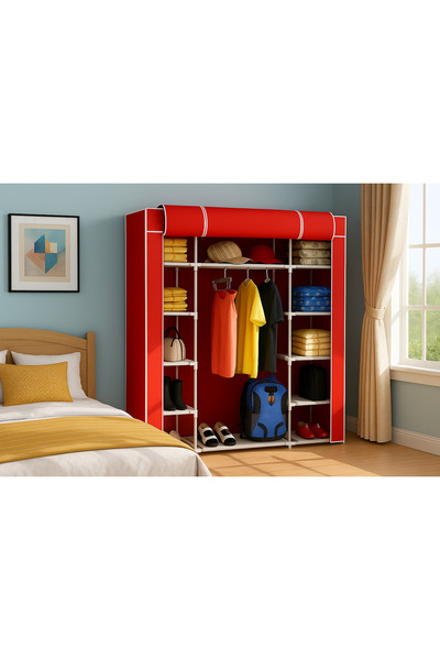 senmasy RED Color Cloth Cabinet Fabric Folding Wardrobe 160x45x130 cm
