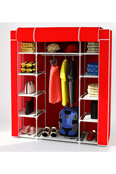 senmasy RED Color Cloth Cabinet Fabric Folding Wardrobe 160x45x130 cm
