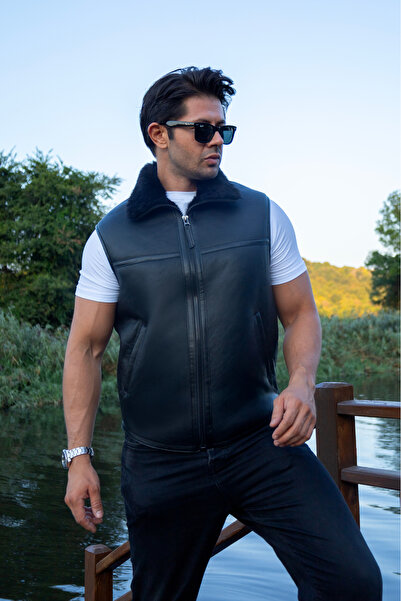 fubileather Ανδρικό δερμάτινο γιλέκο - Γνήσιο δέρμα αρνιού με γούνα μέσα