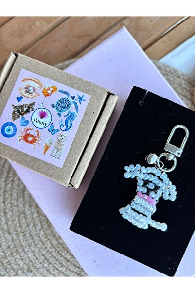 PEONY peonyofficiall Dog Keychain Bead Embroidered Accessory Silver Clip Keychain with Bell