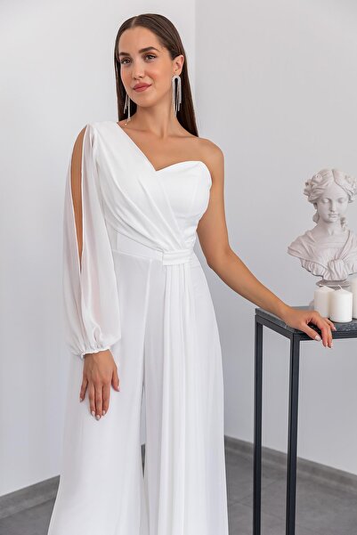 vuvutasarım Vyztužená hruď Široká noha Tyl Šerpa Detail Podšívka s jedním rukávem Bílá večerní overal velké velikosti 1336