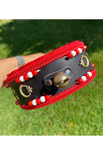 Sürmeli Tasma Kangal Köpek Tasması Zilli Hakiki Deri Kırmızı Beyaz Boncuklu
