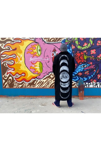 Hello Stranger Siyah Kaşe Kışlık Palto Ay Evreleri Moon Lunar Dolunay Mont