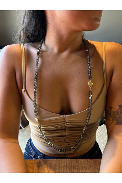 THE NERO DESIGN Özel Tasarım Füme Kristal Boncuklu Nazarlıklı Uzun Kolye