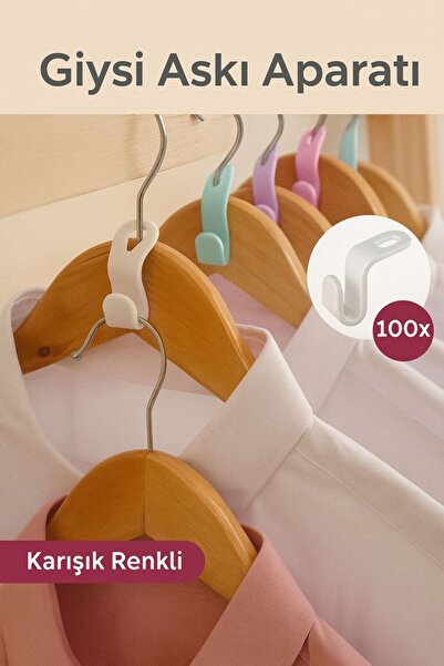 ARVALE 100 Adet Karışık Renk Elbise Askısı Bağlantı Kancası | Yer Tasarrufu Sağlayan Askı