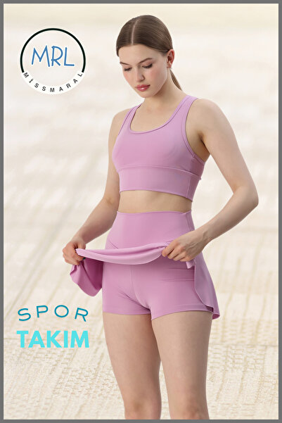missmaral Women's Sports Suit Lilac Shorts Skirt and Pad Supported Crop Bra Suit Tennis Sea Pool Active Sports