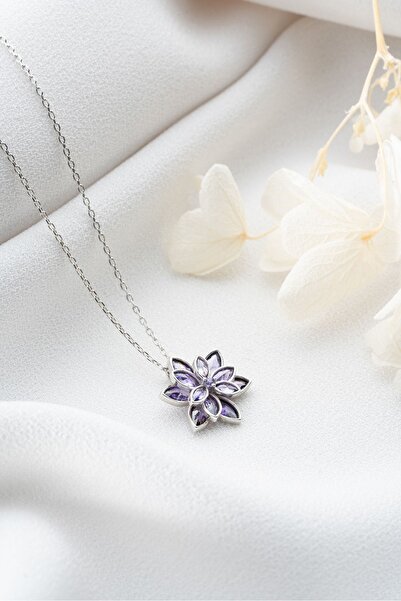 Silvano Jewelry 925 Ayar Gümüş Mor Lotus Çiçeği Kolye