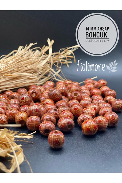 Fiolimore 14 mm Desenli Ahşap Boncuk (50 Gram 44 Adet) Delik Çapı 4 mm Makrom...