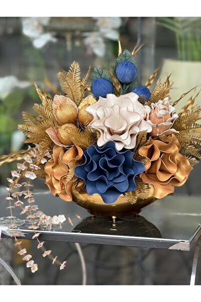 TASARIMHMODA Yapay Çiçek Aranjmanlı Gold Yassı Vazo No:23