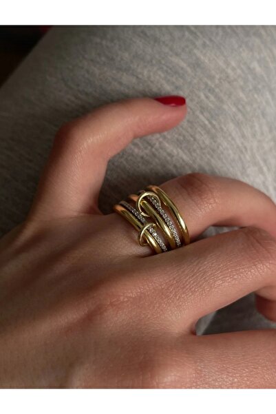 Goche Altın Kaplama Beşli Çoklu Yüzük Seti - Taşlı ve Sade Tasarım