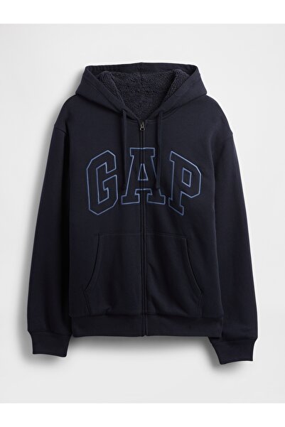GAP Erkek Lacivert Relaxed Logo Sherpa Astarlı Fermuarlı Sweatshirt