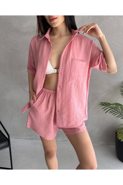 Fav Style Women's Aerobin Linen Short Sleeve Shirt and Shorts Bottom-Top Suit Pink