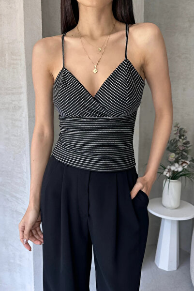 Fav Style Kadın Askılı Kruvaze Yaka Simli Bluz Siyah