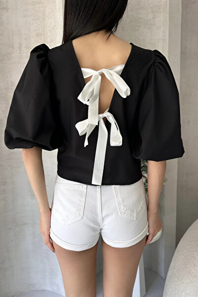 Fav Style Kadın Karpuz Kol Sırtı Bağlamalı Fiyonk Detaylı Poplin Bluz Siyah