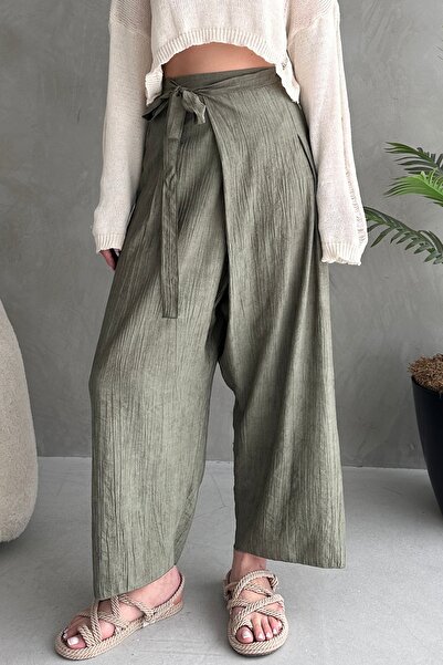 Fav Style Women's High Waist Lacing Detail Wide Leg Loose Trousers Khaki