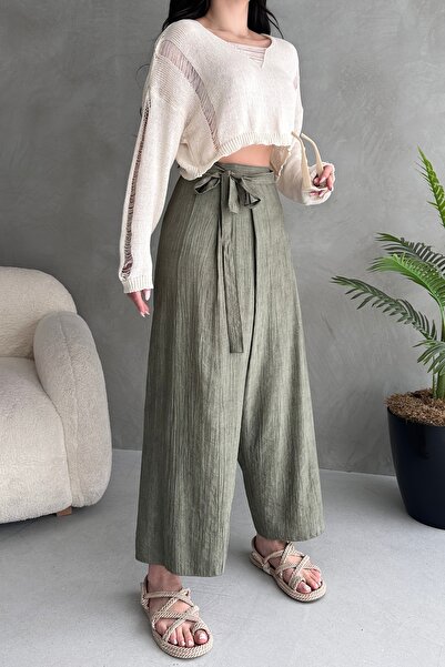 Fav Style Women's High Waist Lacing Detail Wide Leg Loose Trousers Khaki