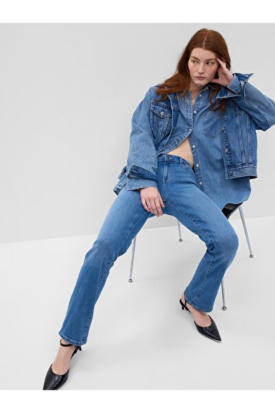 GAP Kadın Mavi Mide Rise Straight Leg Jean Pantolon
