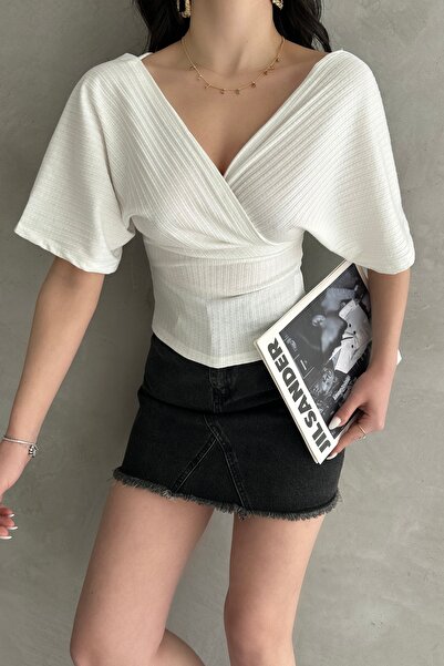 Fav Style Bluză de damă cu mânecă scurtă, cu guler dublu, cu spate în V, cu bandă încrucișată, albă