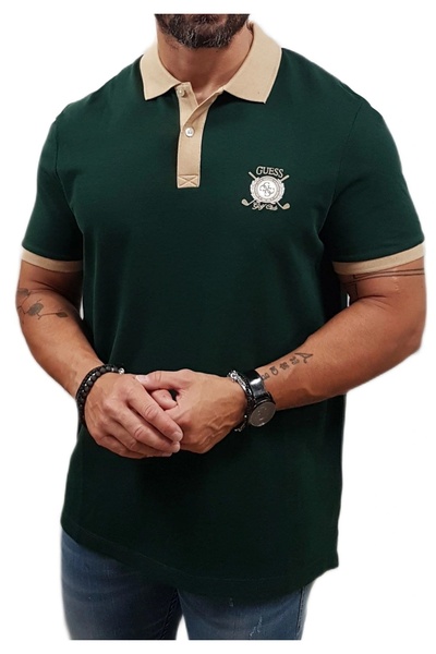 Guess Ανδρικό μπλουζάκι πόλο με σήμανση, πράσινο, κανονική εφαρμογή M5YP03KCJ...