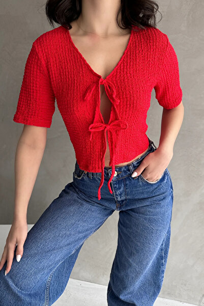 Fav Style Women's Short Sleeve Front Tie Detail Crop Seersucker Blouse Red