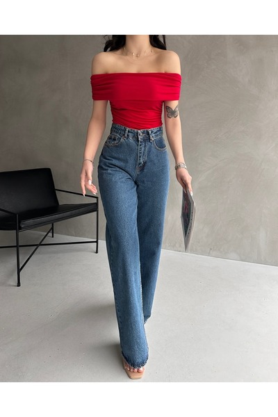 Fav Style Women's Red Blouse - Madonna Collar and Gathered Sides