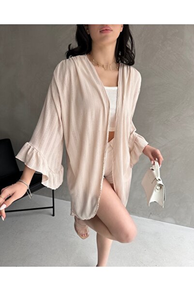 Fav Style Women's Beige Sleeve Spring Cardigan Flounce Three Quarter Sleeves