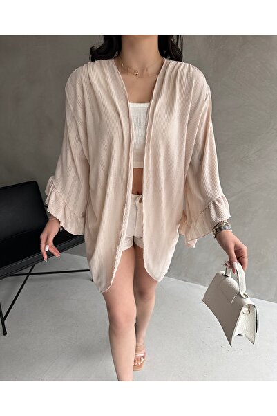 Fav Style Women's Beige Sleeve Spring Cardigan Flounce Three Quarter Sleeves