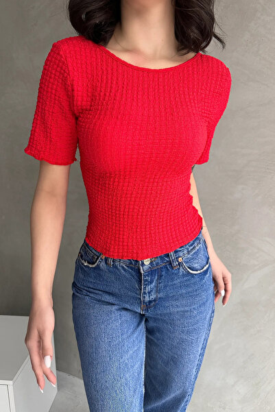 Fav Style Червона жіноча блуза-кроп-топ - з декольте на спині, короткі рукави...