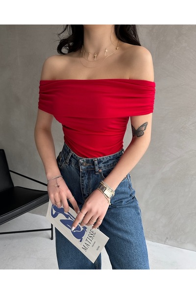 Fav Style Women's Red Blouse - Madonna Collar and Gathered Sides