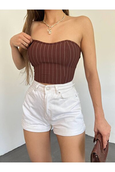 Fav Style Дамска кафява блуза без презрамки на райета