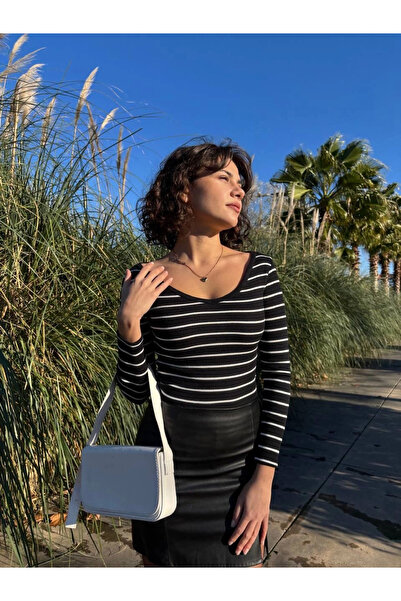 TH COLLECTİON V-Neck Striped Blouse Black A3699 - L