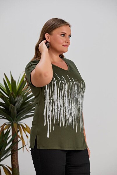 Orly More Viscose Fabric Plus Size Short Sleeve Stone Embroidery Detailed Mother Combed Cotton Blouse