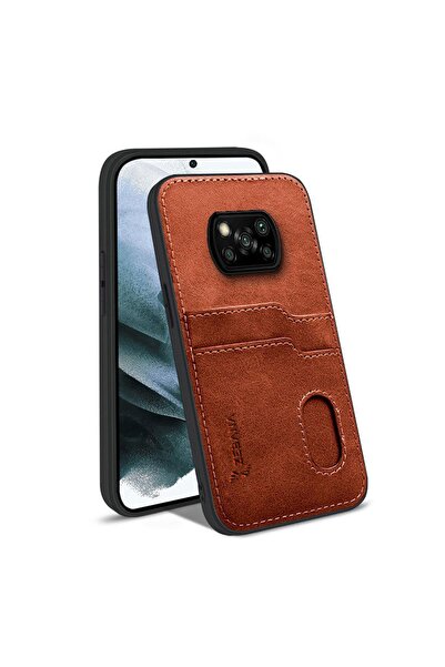 Zebana Xiaomi Poco X3 NFC Uyumlu Kılıf Kartlıklı Lüx Deri Kılıf Kahverengi