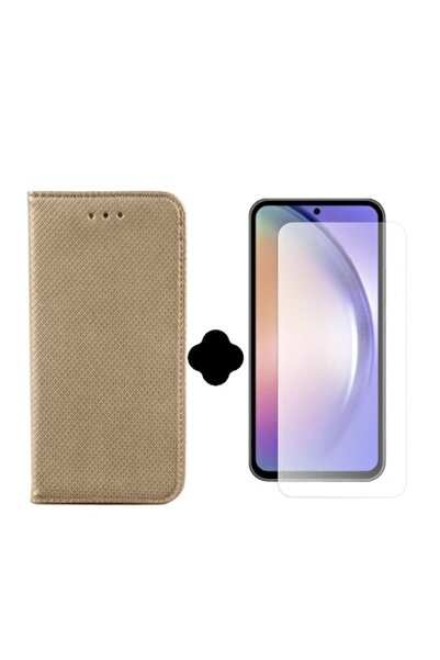Gtech Protective set for Samsung Galaxy A14, Book Case and Clear Screen Protector, Leather, Gold