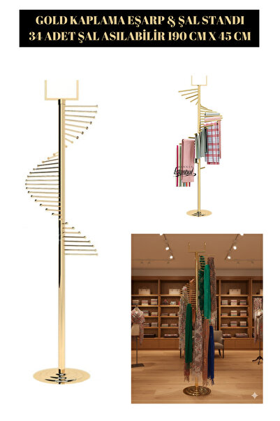 Manken İstanbul Yüksek Kalite Gold Kaplama Eşarp Standı Şal Standı Aksesuar Standı ( 34 Şal Asılabilir )