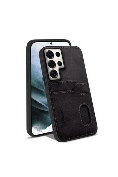 Zebana Samsung Galaxy S23 Ultra Uyumlu Kılıf Kartlıklı Lüx Deri Kılıf Siyah